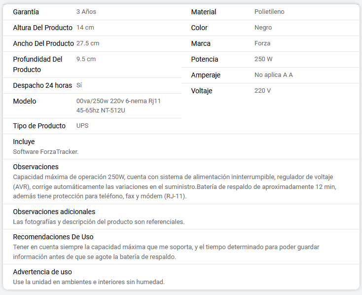 UPS FORZA NT-512U 500VA/250W 220V RJ11 45-65HZ